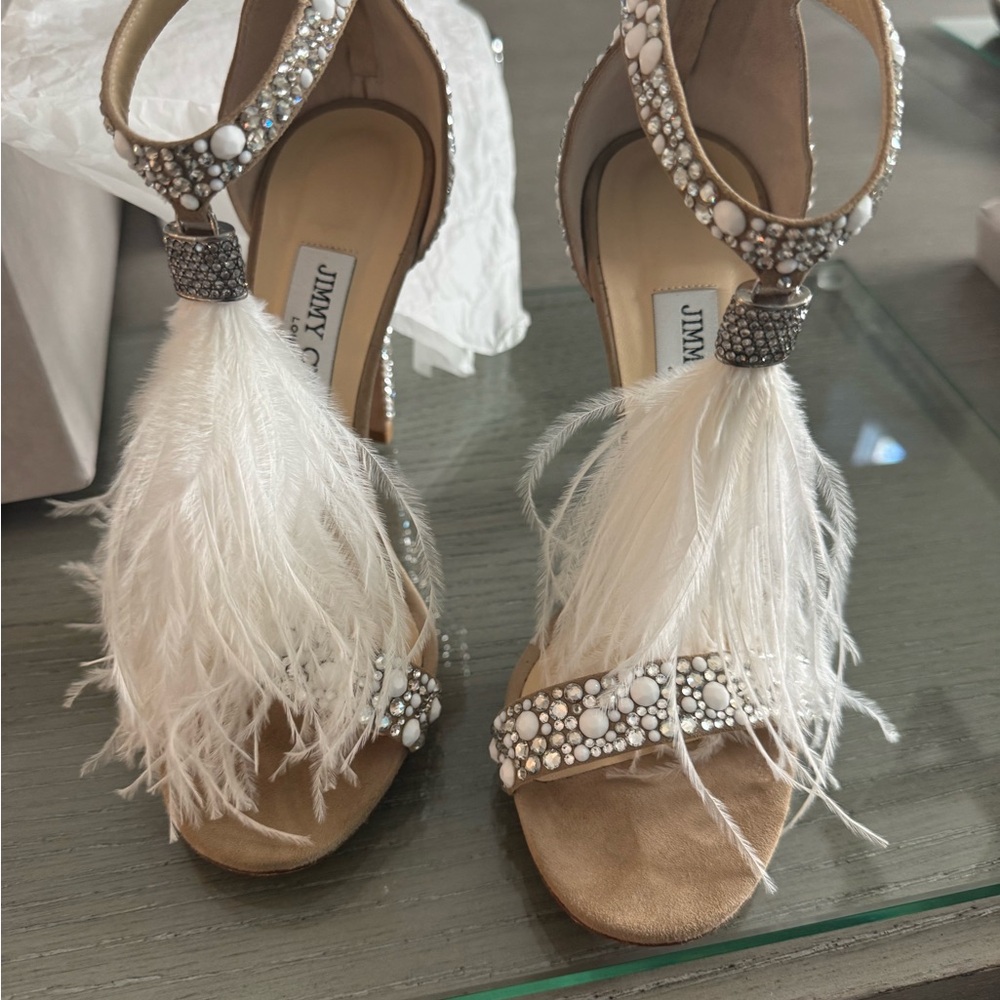 Jimmy Choo Viola 110 Crystal Ostrich Feather Tassel Wedding Sandals EU 37.5 - Picture 8 of 8